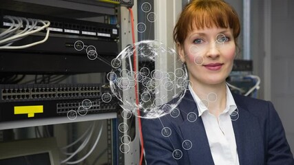 Poster - Animation of globe with icons over caucasian female worker inspecting server room