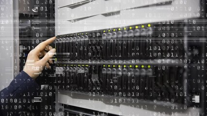 Poster - Animation of binary coding over caucasian female worker inspecting server room