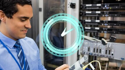 Poster - Animation of clock moving over biracial male worker inspecting server room