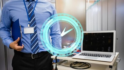 Poster - Animation of clock moving over biracial male worker inspecting server room