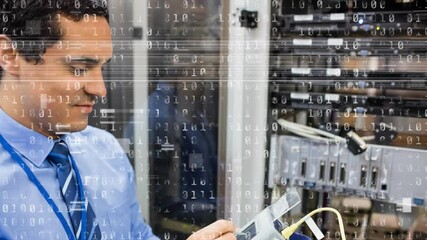 Poster - Animation of binary coding over biracial male worker inspecting server room