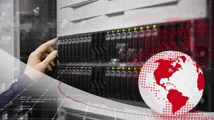 Poster - Animation of globe and data processing over caucasian female worker inspecting server room