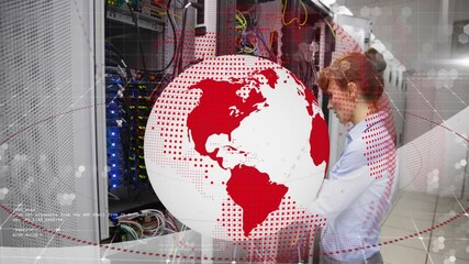 Poster - Animation of circles and globe over caucasian female worker inspecting server room