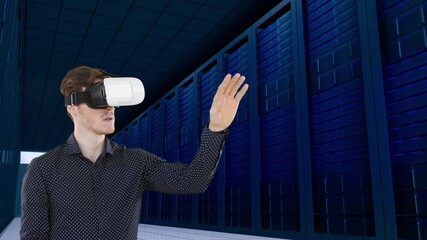 Poster - Animation of man wearing vr headset over server room
