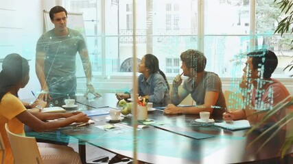 Poster - Animation of data over caucasian man making presentation to diverse business colleagues