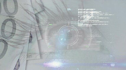 Wall Mural - Animation of data processing and eye over euro banknotes