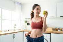 Asian Beautiful Woman Feel Happy After Lose Weight For Health In House
