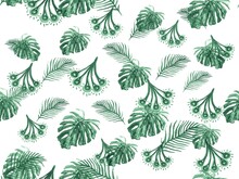 Leaves Pattern. White Flowers Tropical Seamless. Jade Palm Leaves Flowers. Leave Wind. Mint Tropical Tree Watercolor. Retro Hawaii Pattern. Invitation Card Jungle.
