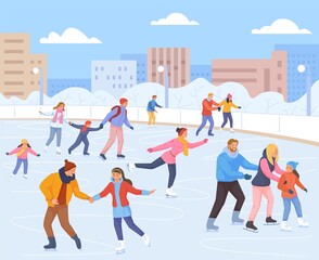 Families skating ice rink. People in winter christmas scene, snow sports, fun fall children, adult couple with kid vacation in outside landscape, family park, swanky vector