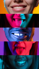 Wall Mural - Vertical composite image of close-up male and female open smiling mouthes isolated on colored neon backgorund. Multicolored pieces.