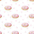 Seamless watercolor pattern with donuts and flowers on a white background in cartoon style. Cute illustration of sweets for paper and textiles. Donuts with icing and sprinkling