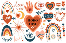 Boho Love Set. Happy Valentine's Day Collection Of Abstract Hearts, Rainbow, Folk Mystical Tarot Ornament. Vector Illustration Clip Art