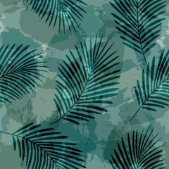 Tropical pattern, palm leaves seamless vector background. Exotic plant on watercolor stains artistic jungle print. Leaves of palm tree. ink brush