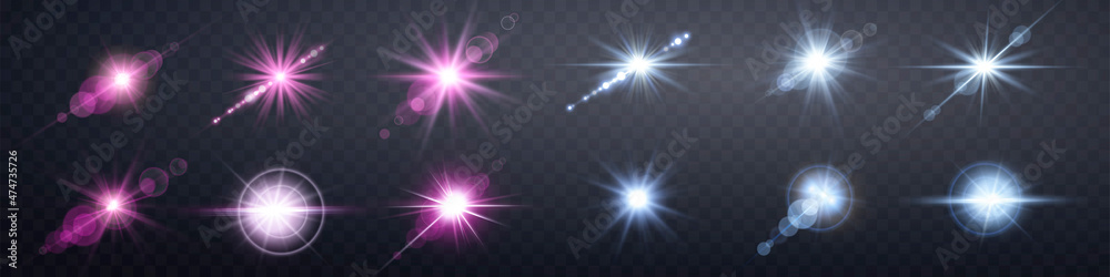 Pink and blue lens flares set. Isolated on transparent background. Sun ...