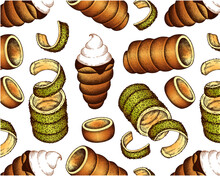 Sketch drawn pattern of colorful chimney cake with pistachio on white background.  Drawing chocolate trdelnik, hungarian sweet baked food, czech dessert, kürtőskalács wallpaper. Vector illustration.