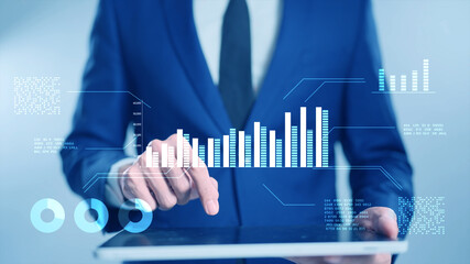 Finance business investment data analytics strategy report, crypto currency blockchain stock exchange graph chart and business man in suit typing on tablet computer, financial and technology.