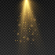 Bright Yellow Spotlight Downward With Lots Of Glitter Particles And Reflections. Vector
