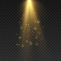 Poster - Bright yellow spotlight downward with lots of glitter particles and reflections. Vector