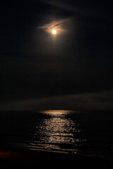 Wall Mural - Vertical view of big full moon rising above sea Atlantic ocean at dark night with lunar light path reflected on water with clouds in Myrtle Beach, South Carolina