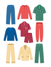 Men Pajamas Sets. Male Home Clothes. Different Styles And Colors. Comfortable Sleepwear, Shirts, Shorts And Pants, Cotton And Silk. Flat Vector Illustration