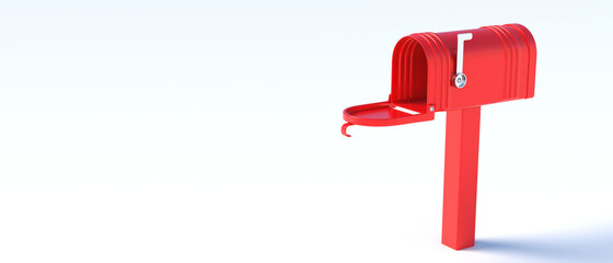 Mailbox retro red empty with open door and raised flag isolated on white background. 3d illustration