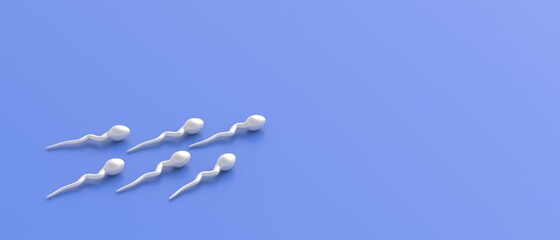 Wall Mural - Sperm cells moving on blue background. Fertilization, beginning of new life concept. 3d illustration