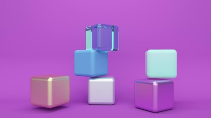 Poster - Background with glass, metal and plastic cube. Abstract loop animation