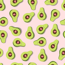 Vector Seamless Pattern Cute Avocado With Hearts. Background For Stationery, Fabrics, Websites, Packaging And Invitation Cards
