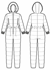 Wall Mural - Down jumpsuit with fur on the hood fashion sketch.