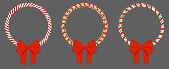 Wall Mural - Circle frame candy cane. Red bow Christmas border. Isolated vector illustration, flat style.