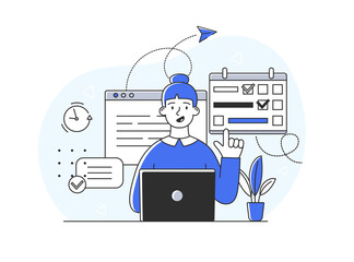 Poster - Concept of scheduling. Character typing on laptop. etaphor for time management. Hardworking wo , leadership and motivation. Modern technolog , organizer app. Cartoon flat vector illustration