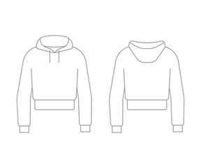 Wall Mural - Crop top sweatshirt outline template unisex with long sleeve and hood. Regular sport sweater for man and woman. Shirt technical mockup in front and back view. Vector illustration