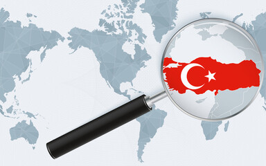 Wall Mural - Enlarged map of Turkey on America centered World Map. Magnified map and flag of Turkey.
