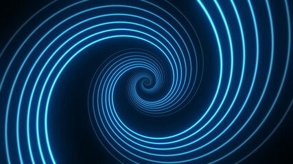 Travel through abstract neon spiral tunnel. Glow wormhole background