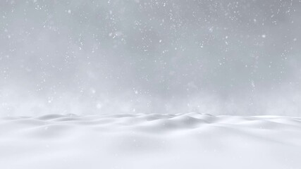 Wall Mural - Magical snowy winter landscape with realistic falling snowflakes snowfall seamless loop copy space animation background.