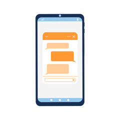 Wall Mural - Smartphone interface whit pop up chat bot window. Lifechat form with message bubbles on phone screen. Virtual assistant, mobile messenger app, online customer support concept. Vector flat illustration