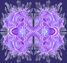 Colorful Space Psychedelic Trippy Abstract Texture, Bright Purple Blue Gradient, White Outline Color, Isolated On Violet Background.