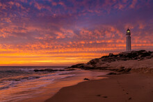 Trafalgar Lighthouse On Beach At Sunset, Canos De Meca, Cadiz, Andalusia, Spain