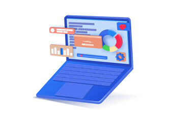 Fototapete - Concept of process optimization. Business improvement , development. Stock investment exchange. Financial statistics. Graphs, loading, on the laptop screen. 3d vector illustration
