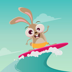 Wall Mural - funny cartoon illustration of a surfing rabbit