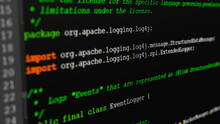 Java Source Code Of The Log4j Event Logger Framework On A Screen In Close-up With Selective Focus. The Security Breach In Log4J / Log4Shell Is One Of The Largest IT Vulnerabilities In Years.