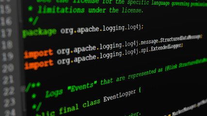 Java Source code of the log4j event logger framework on a screen in close-up with selective focus. The security breach in Log4J / Log4Shell is one of the largest IT vulnerabilities in years.