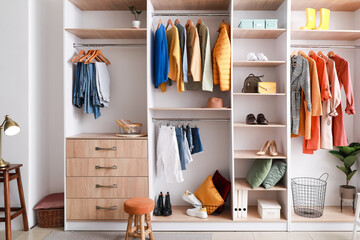 Wall Mural - Walk-in closet with stylish female clothes