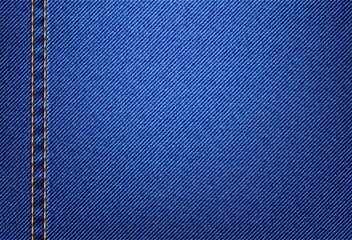Jeans denim texture pattern background, vector blue apparel fabric closeup pattern. Cloth of jeans cotton or denim canvas material with yellow thread stitches on pants of jacket pocket, textile