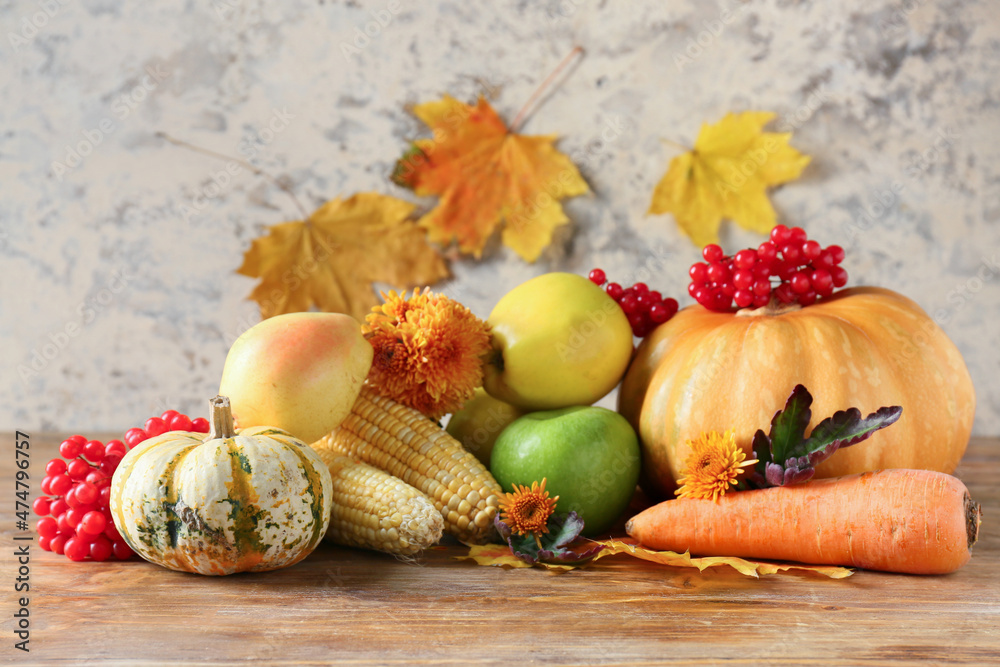 Different healthy food on wooden table. Harvest festival