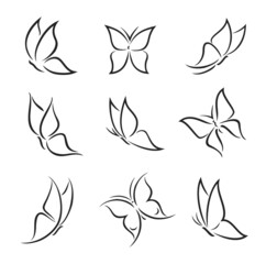 Wall Mural - Outline butterfly silhouettes and contours. Moth vector insect logo with open and closed wings, isolated summer or spring butterfly. Tattoo design, spa or beauty salon symbol