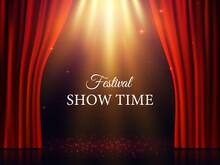 Realistic Red Curtains And Stage With Fairy Glow, Vector Background. Theater, Cinema Or Movie, Circus, Opera Or Concert Hall Show Time Announcement Performance Scene With Spotlight Illumination