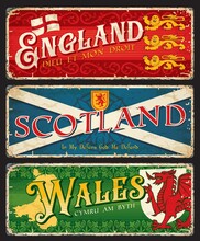 England, Scotland, Wales British Regions Plates Or Stickers, Vector Tin Signs. UK Britain Metal Plates With Maps, Crest Or Emblems With Slogans And Landmark Symbols Of Regions, Travel Luggage Tags