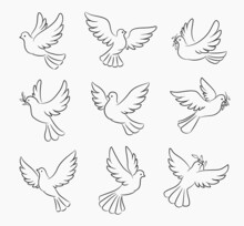 Christmas Dove And Pigeon Bird Vector Silhouettes Of Xmas Tree Decorations. Christian Religion Symbols Of Peace, Hope And Love, Doves Flying With Olive Branches And Spread Wings, Isolated Background