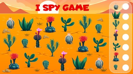 Poster - I spy game worksheet. Mexican cactus succulent plants in desert vector background. Kids education puzzle or counting riddle, find and count of saguaro, opuntia, indian fig and chin cacti